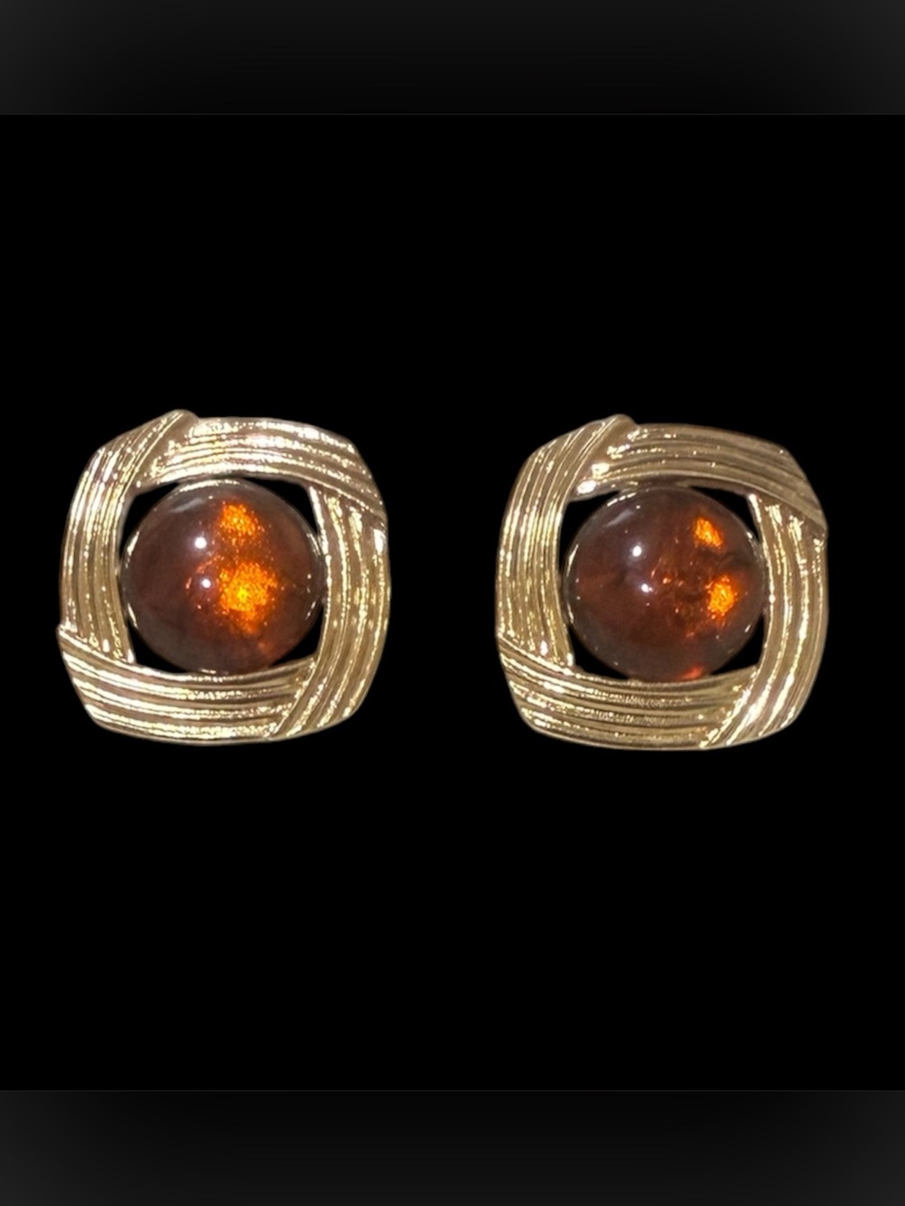 Vintage Trifari Amber Lucite Cabochon Gold-Tone Signed Post Earrings